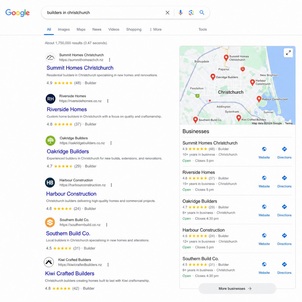 Google search results page for a Christchurch builder, showing the organic listings where clicks are distributed