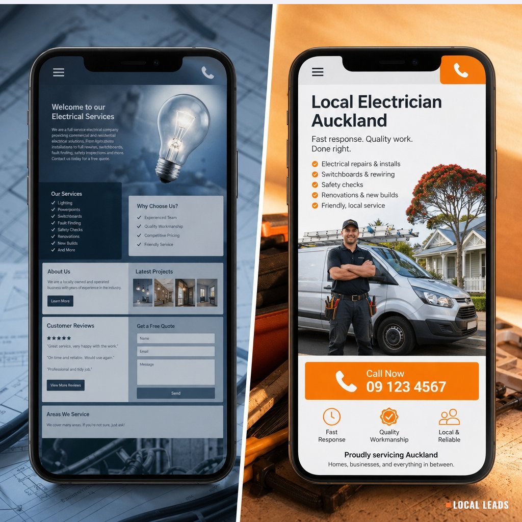 Side-by-side comparison: a generic, cluttered tradie website versus a focused, conversion-ready Local Leads landing page
