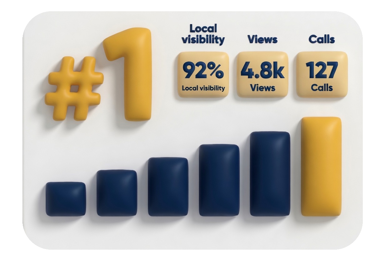 Illustrated local visibility dashboard with a number one ranking, views, calls and rising results