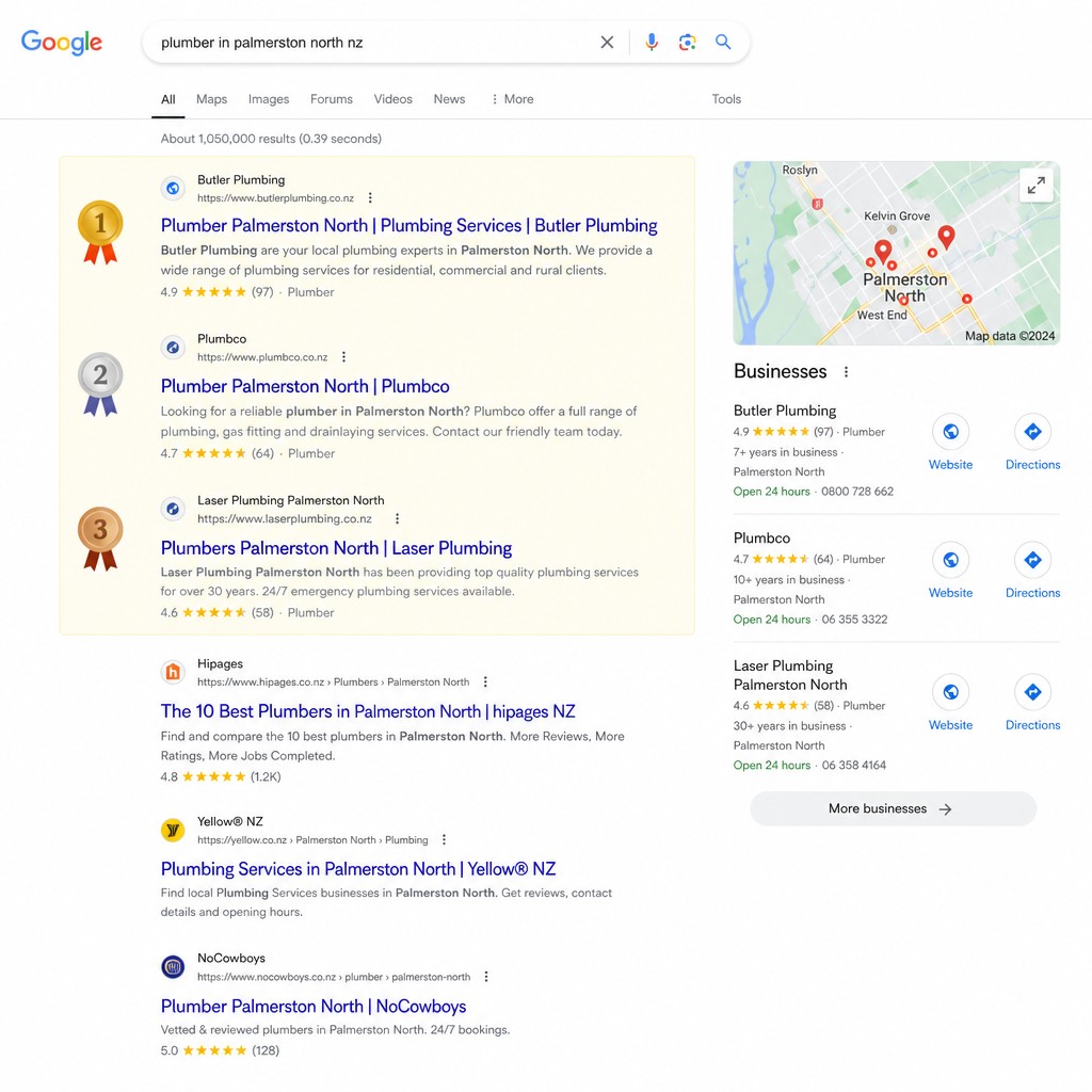Google search results showing a top-3 local pack ranking - the position Local Leads gets clients into